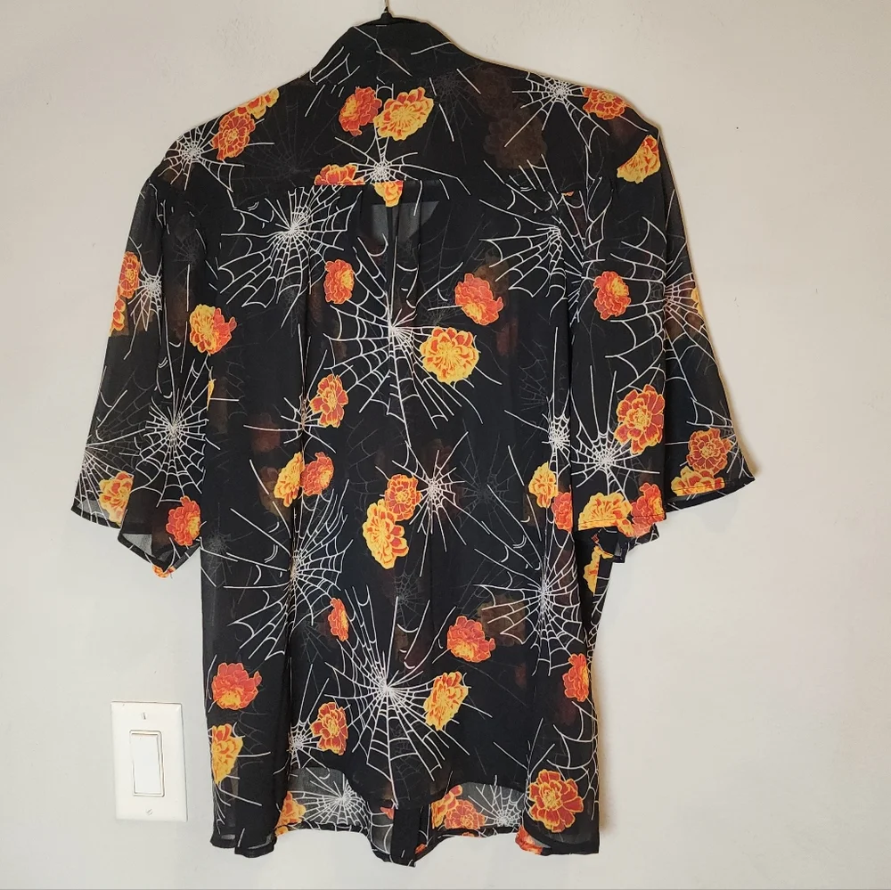 NWT ModCloth Spider Webs Floral Tie-Neck Sheer Black Orange Button Blouse Top XL - Picture 9 of 14